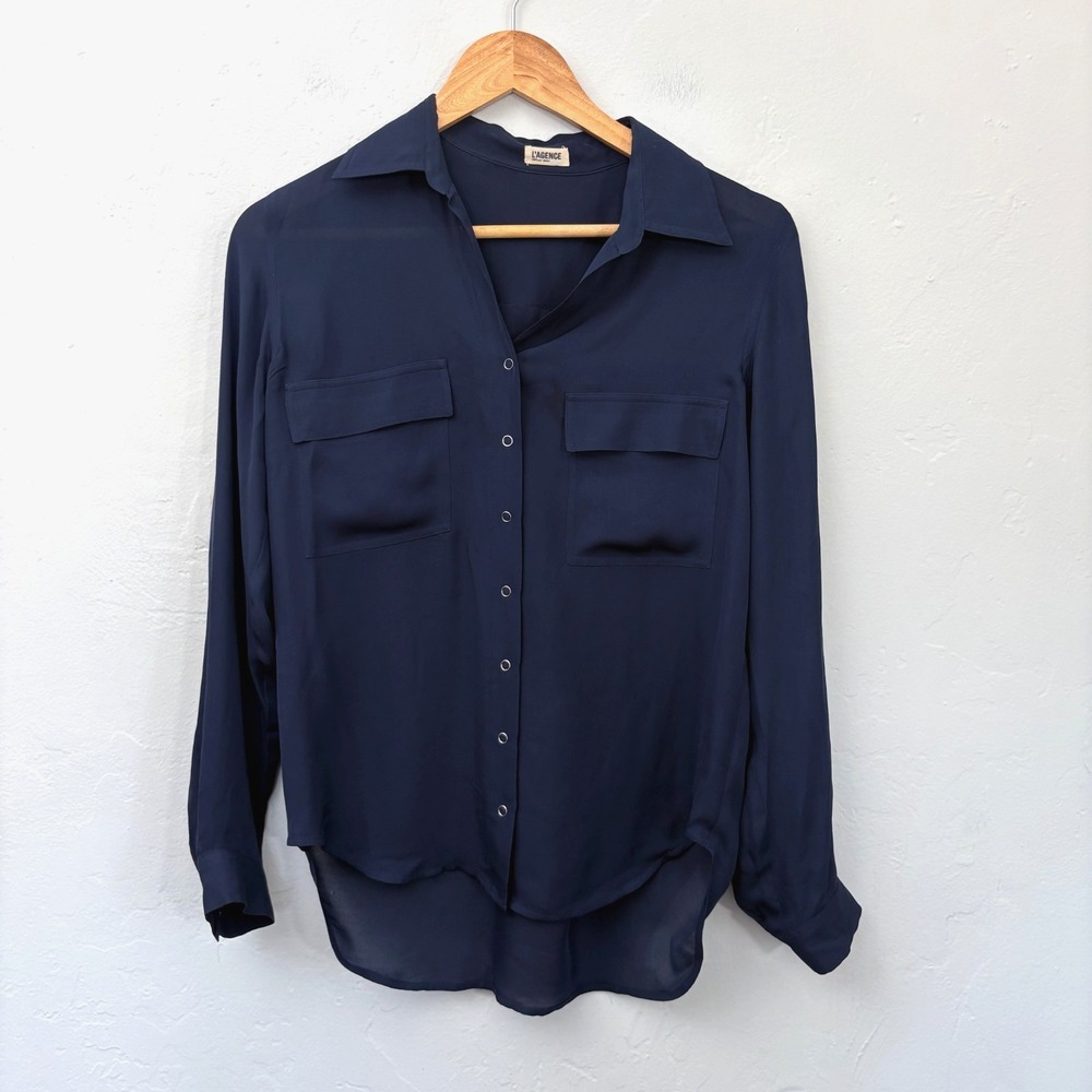 L'Agence 100% Silk Top Shirt Women Size XS Blue Snap Front Long Sleeve